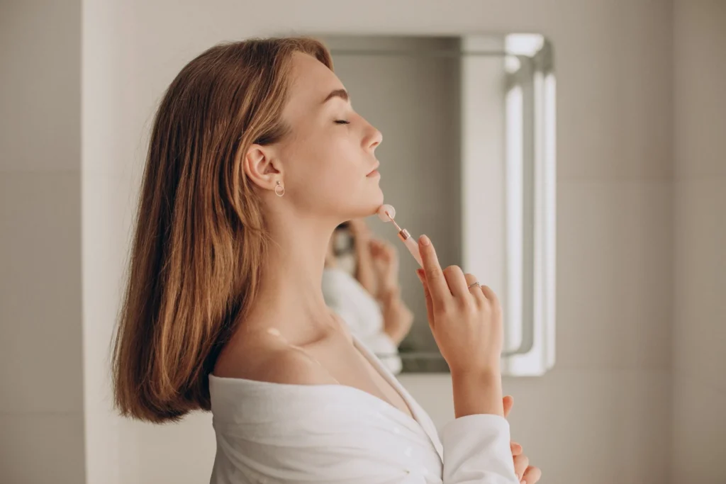 Woman in a white top applies lipstick while looking into a mirror in a softly lit bathroom (side profile). Диспорт у Львові: як прибрати ефект «втомленого обличчя» без втрати природної міміки