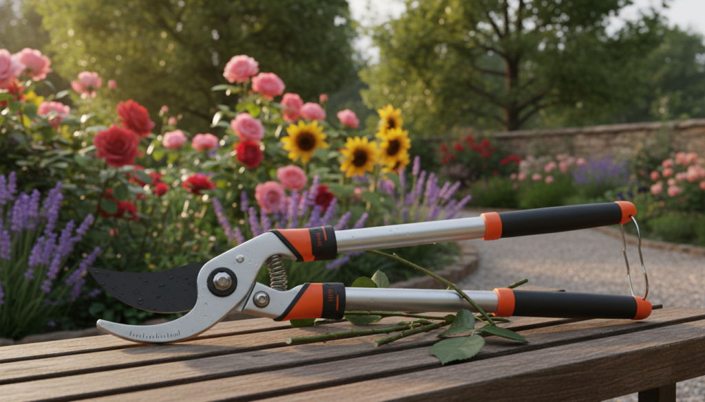 A high-quality image of a pair of pruning shears with telescopic handles, set against a serene garden backdrop. In the foreground, focus on the well-designed shears, highlighting the sturdy metal blades and extended handles, showcasing their functionality for trimming branches. The middle ground features vibrant green plants and colorful flowers, representing the tools Які товари для саду та городу полегшують працю' purpose in caring for a garden. In the background, soft sunlight filters through lush trees, creating a warm, inviting atmosphere. The scene is captured with a shallow depth of field to emphasize the shears in crisp detail while softly blurring the surrounding flora. The lighting is natural, enhancing the photorealistic quality of the image, showcasing the tools as essential for gardening and plant care.