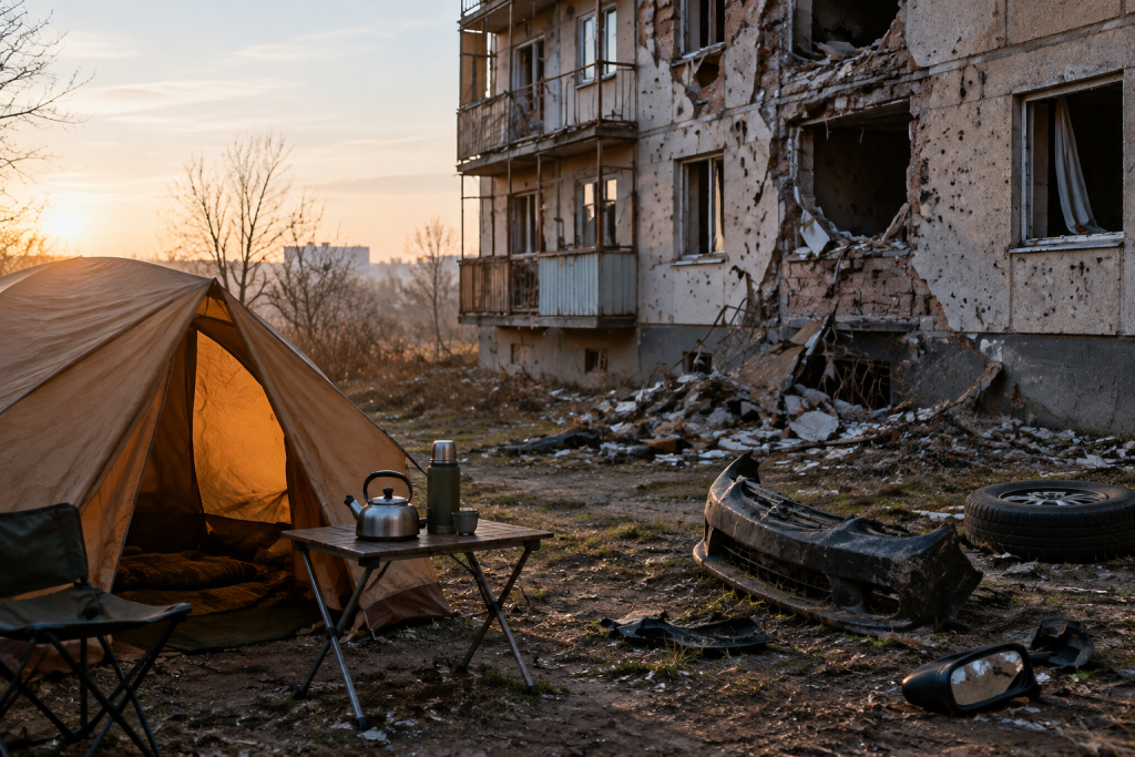 символічна сцена з пошкодженим фасадом, уламками автомобіля та наметом з чаєм