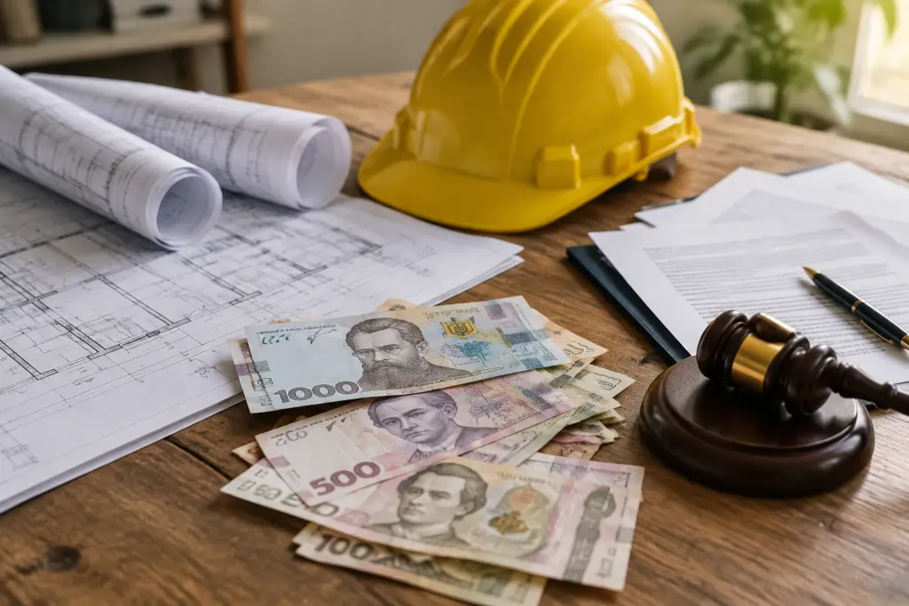 Креслення, каска, гривні та судові документи на столі