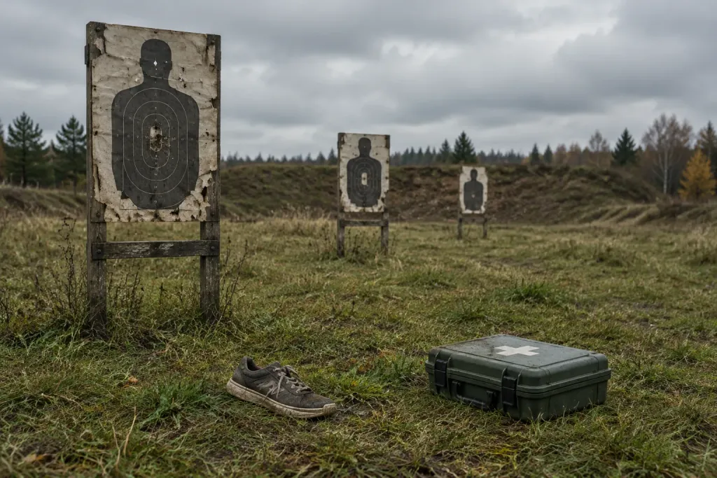 символічна сцена тренувального майданчика зі взуттям і аптечкою на землі