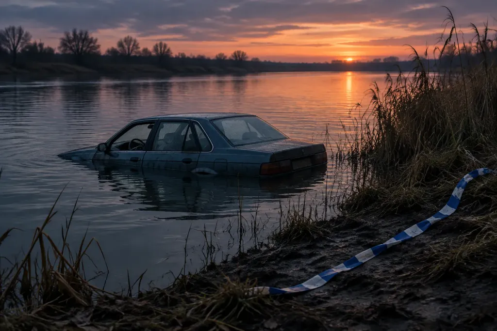 частково занурений автомобіль у річці біля берега