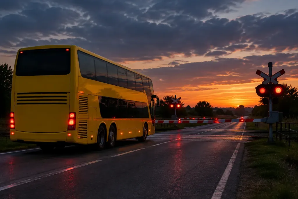 жовтий двоповерховий автобус біля закритого залізничного переїзду, без людей