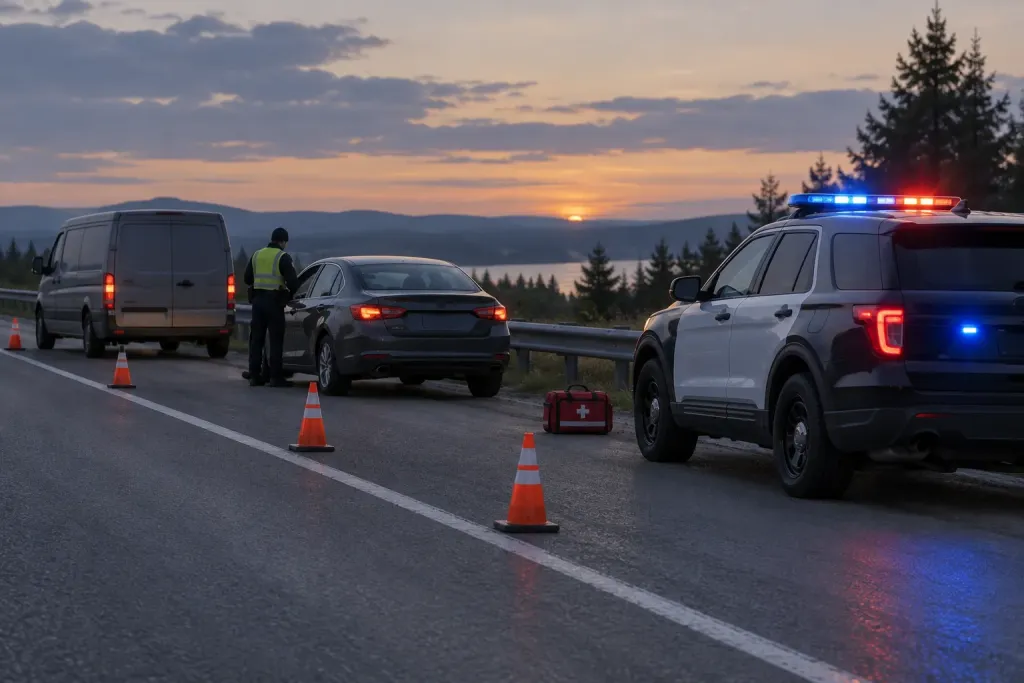 символічна сцена: патрульний автомобіль та два зупинені авто на узбіччі, без облич і логотипів