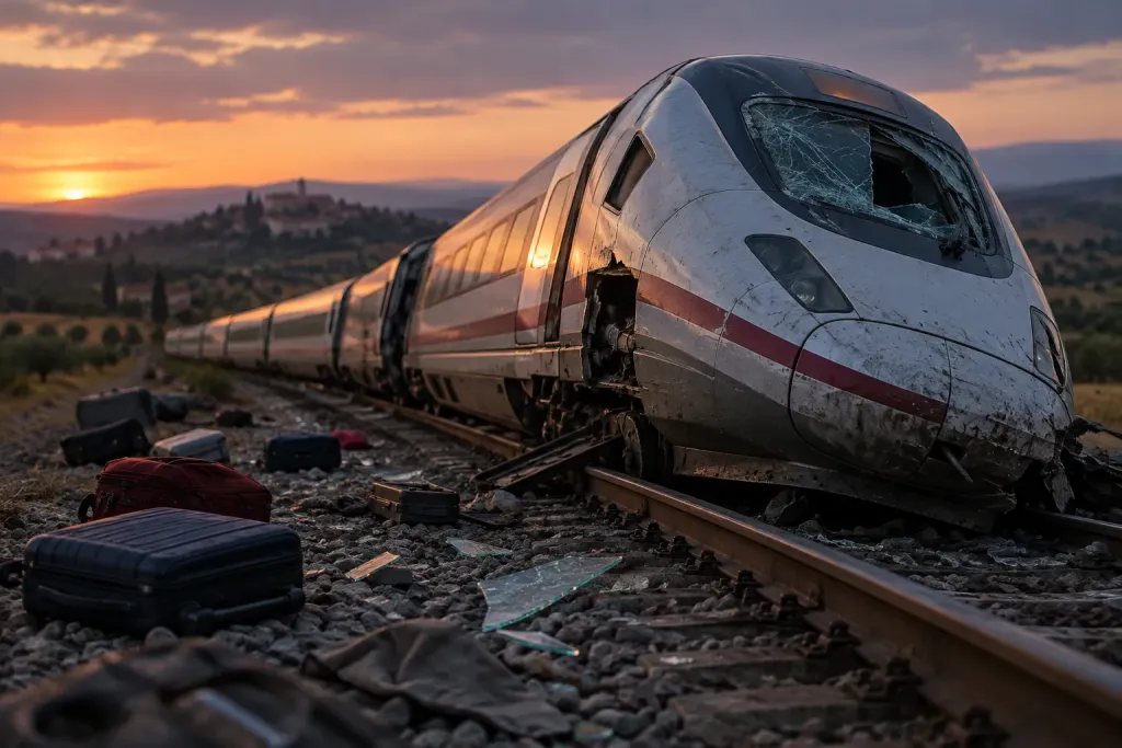 Моделізоване зображення швидкісного потяга на коліях увечері, розкиданий багаж без людей