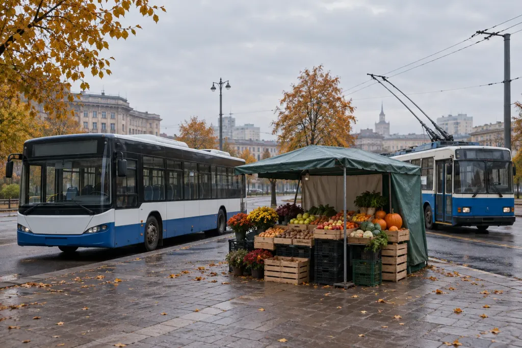 символічна сцена міського транспорту: порожній автобус і тролейбус біля тимчасового ярмаркового намету з осінніми продуктами