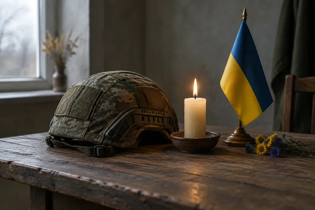 складений військовий шолом, свічка і невеликий прапор України на дерев'яному столі