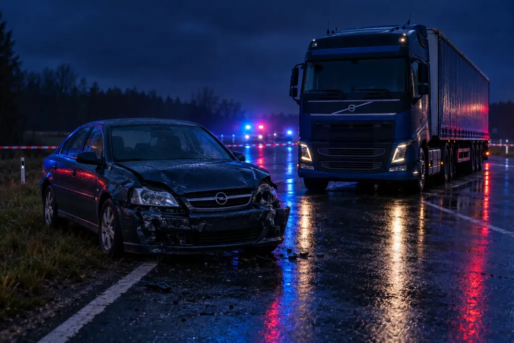 символічна нічна сцена з пошкодженим Opel Vectra і вантажівкою Volvo на сільській дорозі без людей