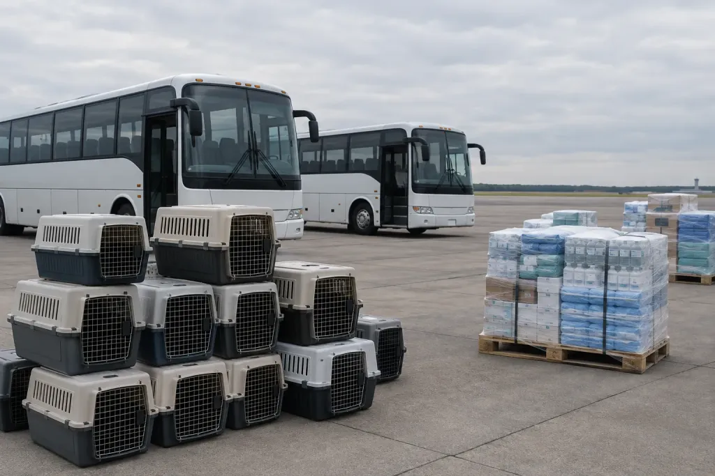 порожні автобуси, клітки для тварин і піддони з медичними запасами на летовищі