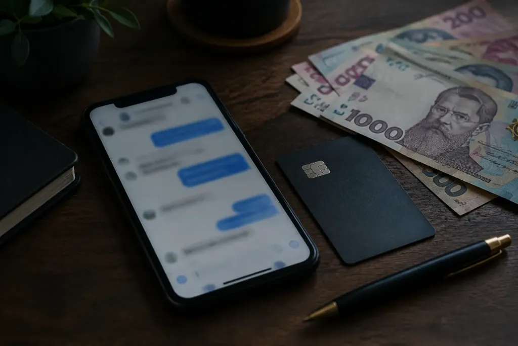 на столі смартфон із розмитим чатом, банківська картка та купюри гривень