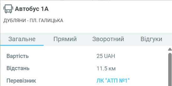  1а автобус Львів — розклад, зупинки, ціна, маршрут Дубляни — пл. Галицька