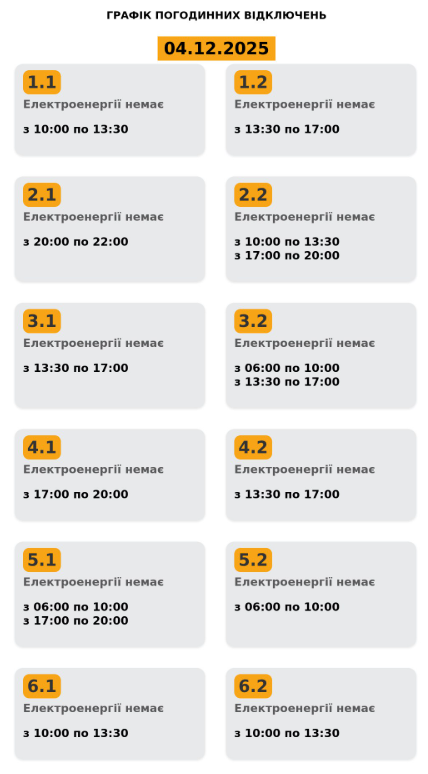  Графік відключення світла на Львівщині 4 грудня