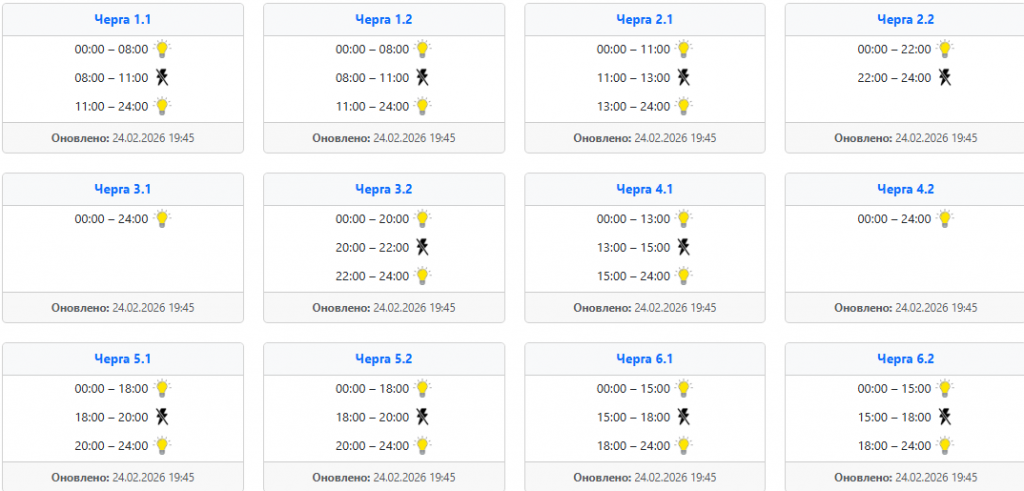  Графіки відключення світла 25 лютого по західних областях