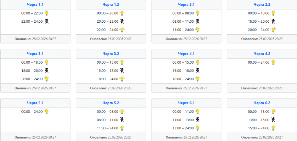  Графіки відключень світла 26 лютого на заході України