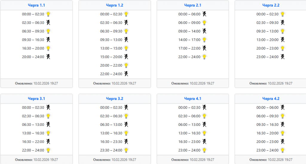  Графік відключень світла 11 лютого