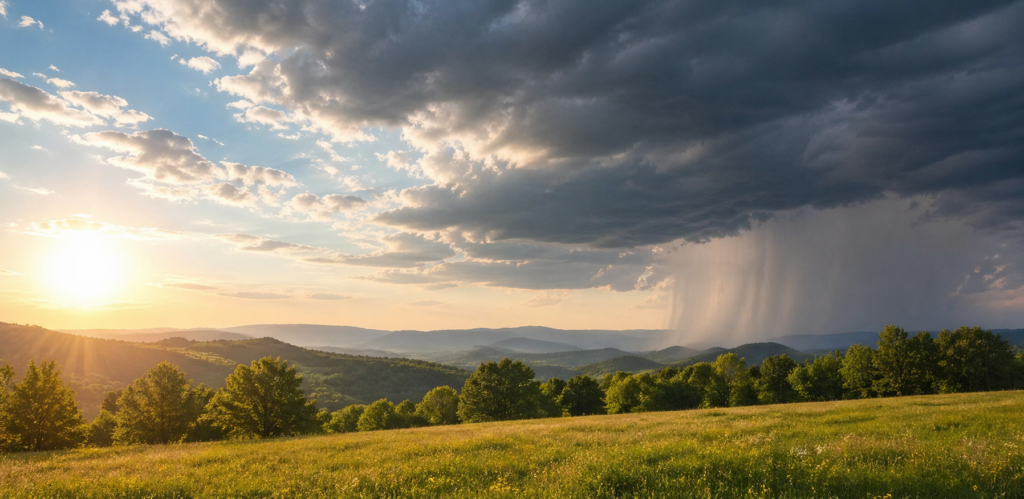 Sunlit meadow with rolling hills; dark storm clouds and a rain shaft over the valley on the right.