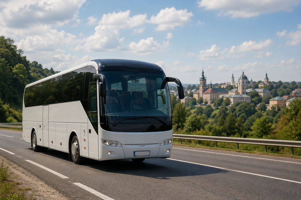 White tour bus driving on a highway with greenery to the side and a distant town skyline with domed steeples in the background