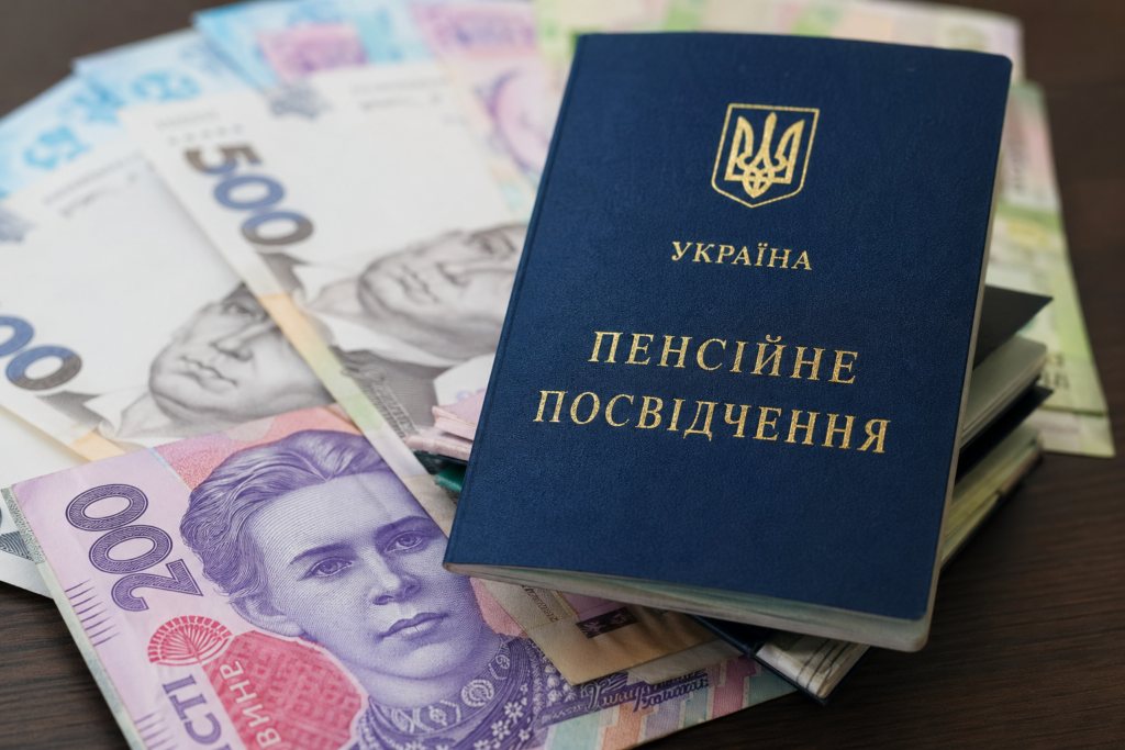Blue Ukrainian pension certificate on a pile of assorted banknotes (cash) in the background, showing gold-embossed text "УКРАЇНА" and "ПЕНСІЙНЕ ПОСВІДЧЕННЯ"