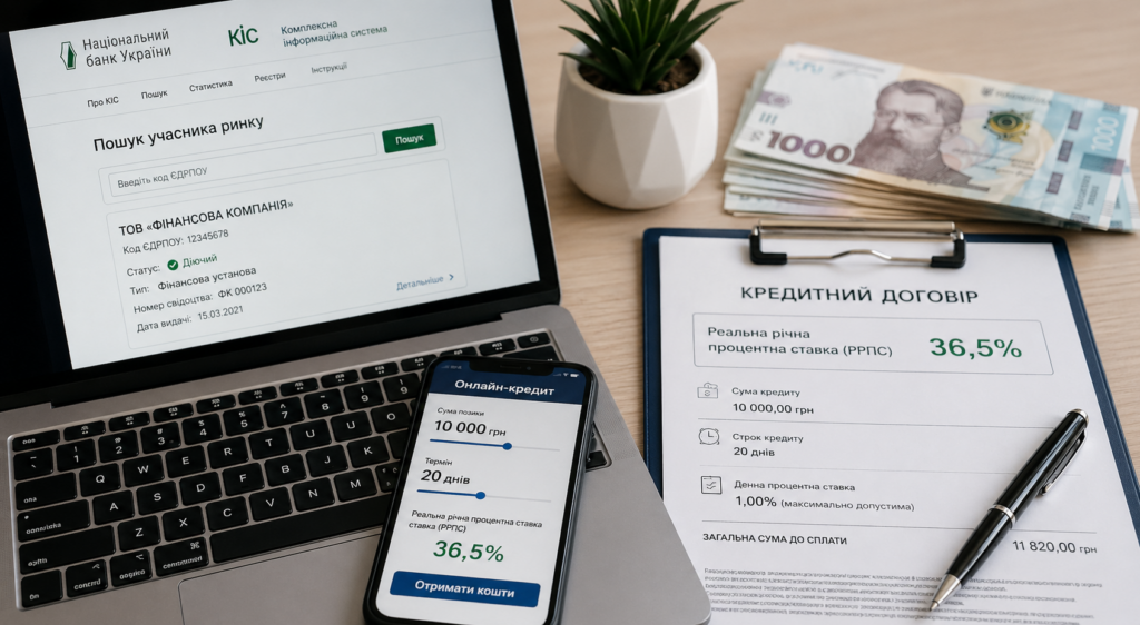 Laptop screen shows Ukrainian bank information system with a search form and green 'Пошук' button.