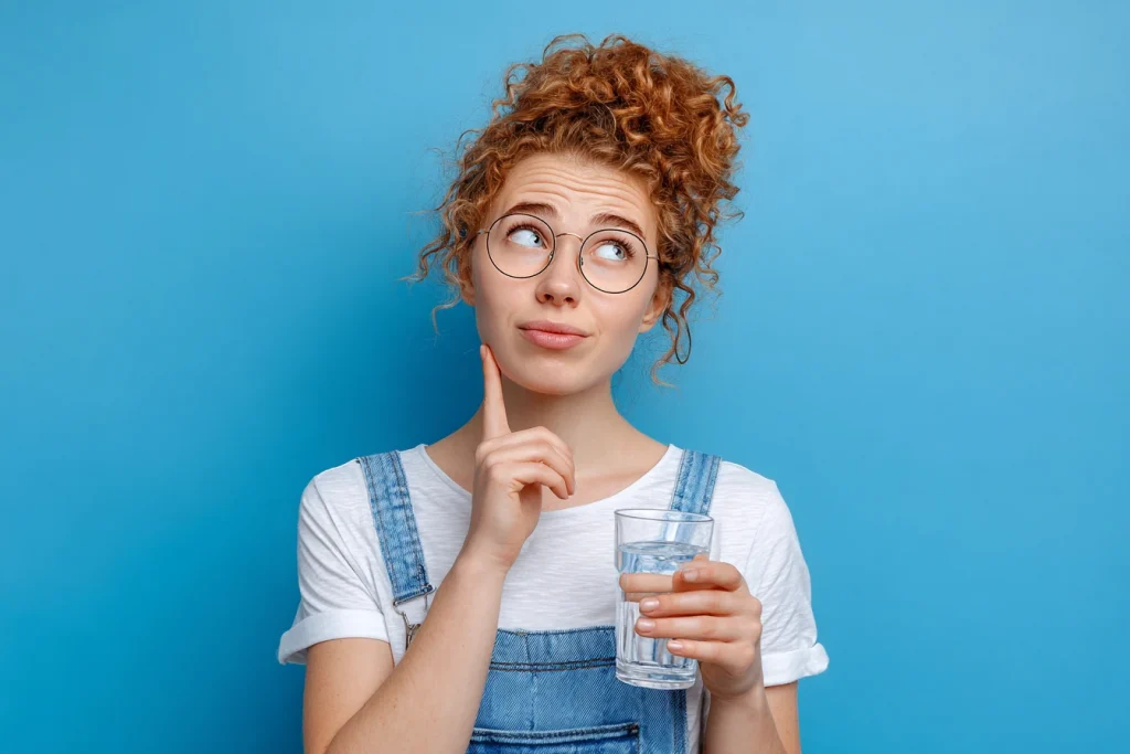 Дівчина з окулярами тримає склянку води і задумливо дивиться вгору