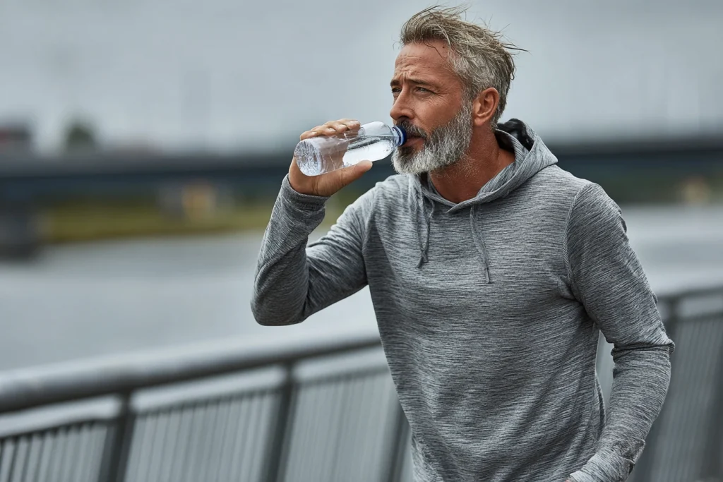 Чоловік у спортивному одязі п’є воду під час пробіжки