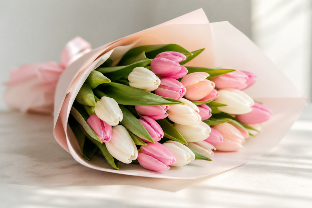 Bouquet of pink and white tulips wrapped in light pink paper on a pale surface.
