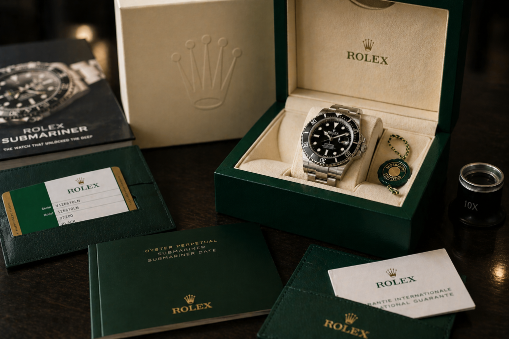 Rolex Submariner wristwatch in an open green presentation box with a beige interior, surrounded by warranty cards and manuals.
