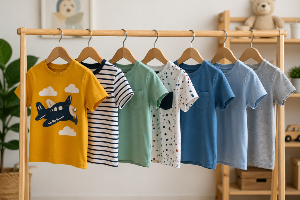 Row of colorful children's t-shirts on a wooden clothing rack, from a yellow airplane tee to gray at the end.