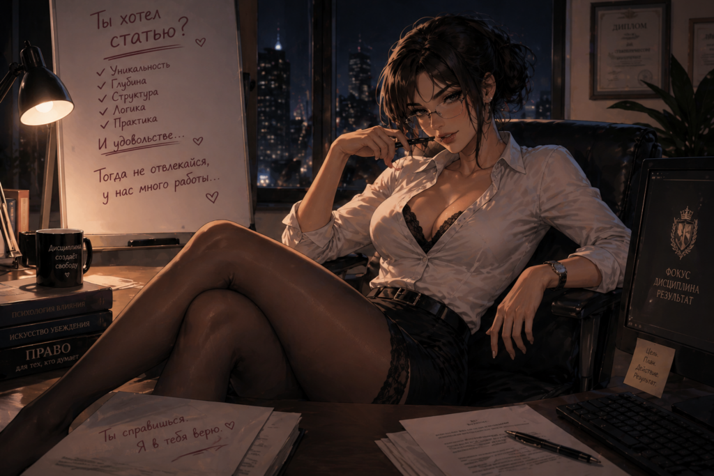 Woman in a white blouse and black skirt lounges in a dimly lit office at night, legs crossed, holding a pen to her lips with city lights in the background and a whiteboard nearby.