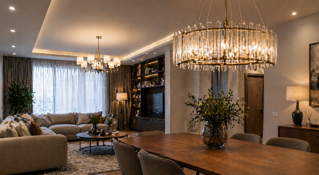 Spacious living and dining area with a beige sectional, round coffee table, and a large crystal chandelier over the dining table.