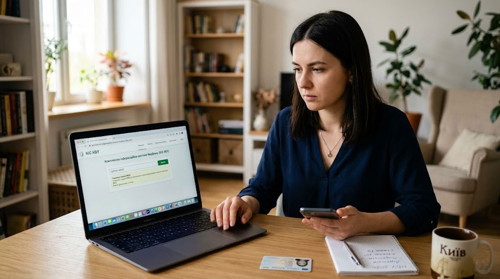 Woman seated at a wooden table in a bright home office, using a laptop while holding a smartphone. НБУ залишить на ринку лише перевірені МФО — що це змінює для позичальників у 2026 році