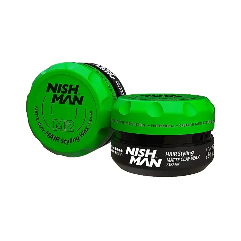 NISH MAN M2 Matte Clay Wax container with bright green lid and black jar, product for men hair styling in a bold, modern package