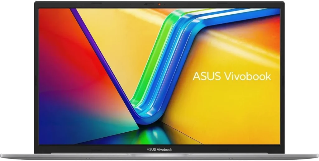 Open ASUS Vivobook laptop showing a vivid, abstract color wallpaper on the display, with the ASUS Vivobook logo on the bezel.