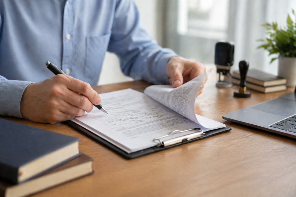 Person signing documents on a clipboard at a wooden desk with a pen, laptop, and stacks of books nearby