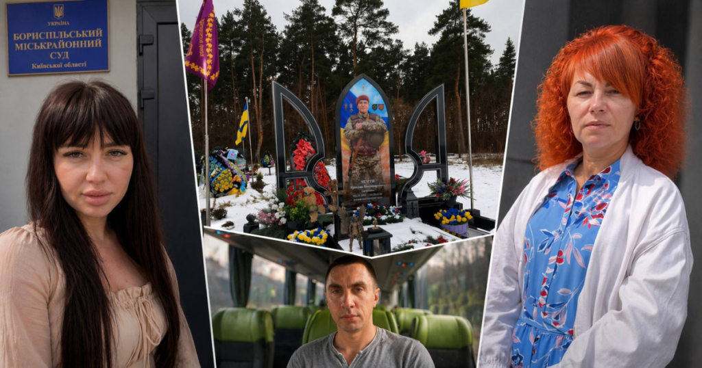 Collage showing a woman by a Ukrainian court sign on the left, a memorial with a soldier statue in the center, and a woman with red hair on the right, with a man seated inside a bus below.