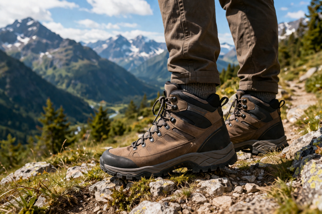 Close-up of brown hiking boots on a rocky mountain trail with a valley and snow-capped peaks in the background. 5 помилок при виборі трекінгового взуття