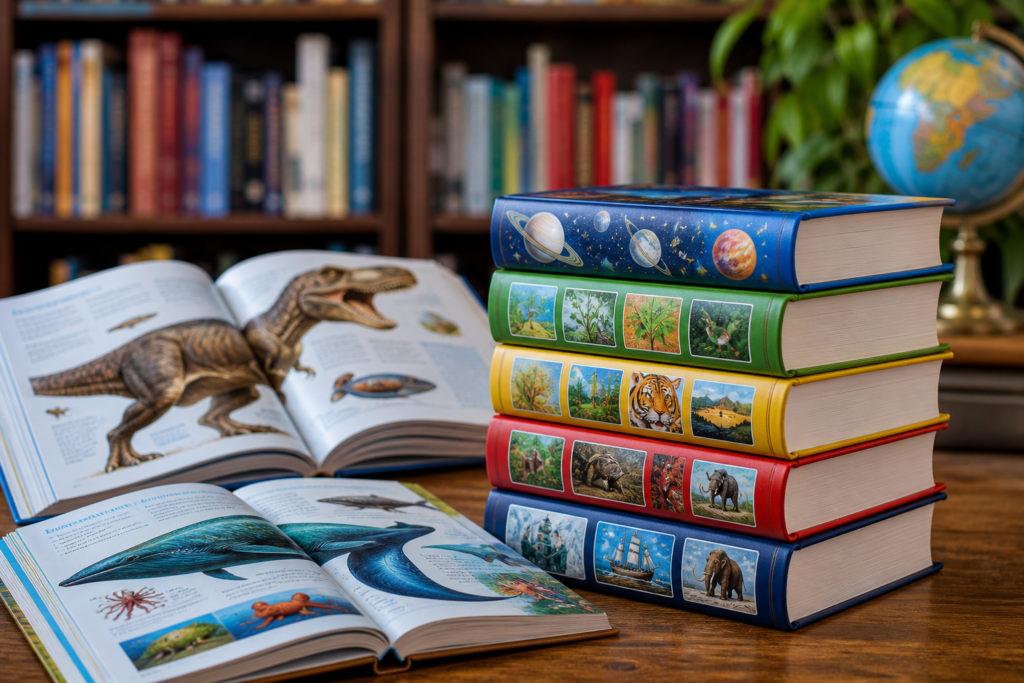 Stack of colorful hardcover encyclopedias with illustrated panels beside an open dinosaur book on a wooden table, globe in the background.