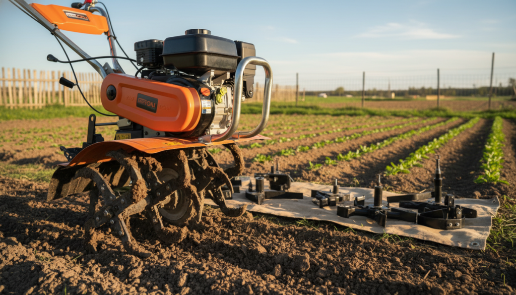 A close-up view of a modern tiller (motokulivator) designed for soil cultivation, showcasing its robust design and various attachments for tilling. The foreground features the tiller with its sharp, metallic blades partially covered in richly textured, dark soil. In the middle ground, a well-kept garden area can be seen, with rows of freshly turned earth and small green plants sprouting up. In the background, a sunny, clear sky casts warm, natural light on the scene. The overall mood is one of productivity and innovation in gardening, highlighting how this essential piece of equipment simplifies soil preparation. The image should visually convey the practicality and effectiveness of garden tools in agricultural work, ensuring a clear focus on the tiller and its context. Які товари для саду та городу полегшують працю