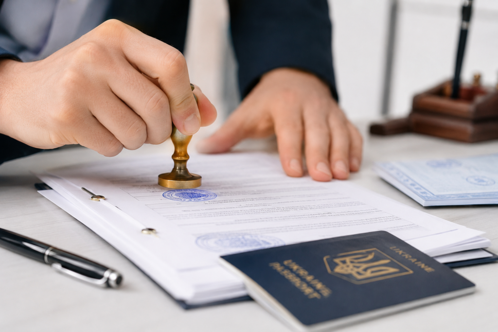 Person using a stamp to seal an official document on a desk, with a passport nearby and a pen nearby.