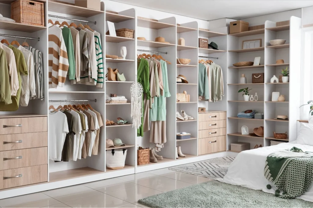 Walk-in closet with open shelves, hanging clothes in soft greens and neutrals, and light wood drawers; accessorized with baskets and hats near a bed area.