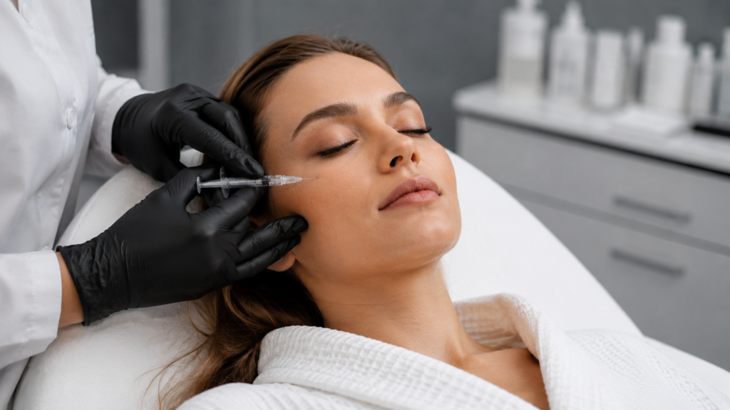Woman with eyes closed as a clinician administers a cosmetic injectable near her cheek.