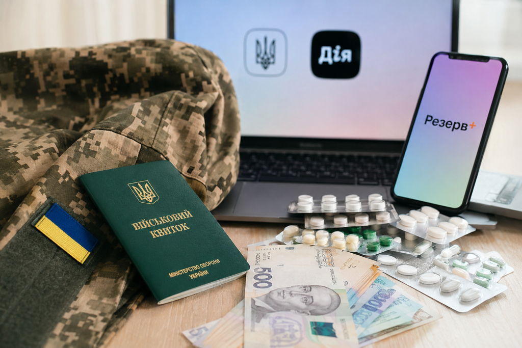 Ukrainian military gear on a desk: camouflage uniform, a green military ID card, a blue-yellow patch, cash, pills, a laptop, and a smartphone showing a reserve app labeled ‘Резерв+’.