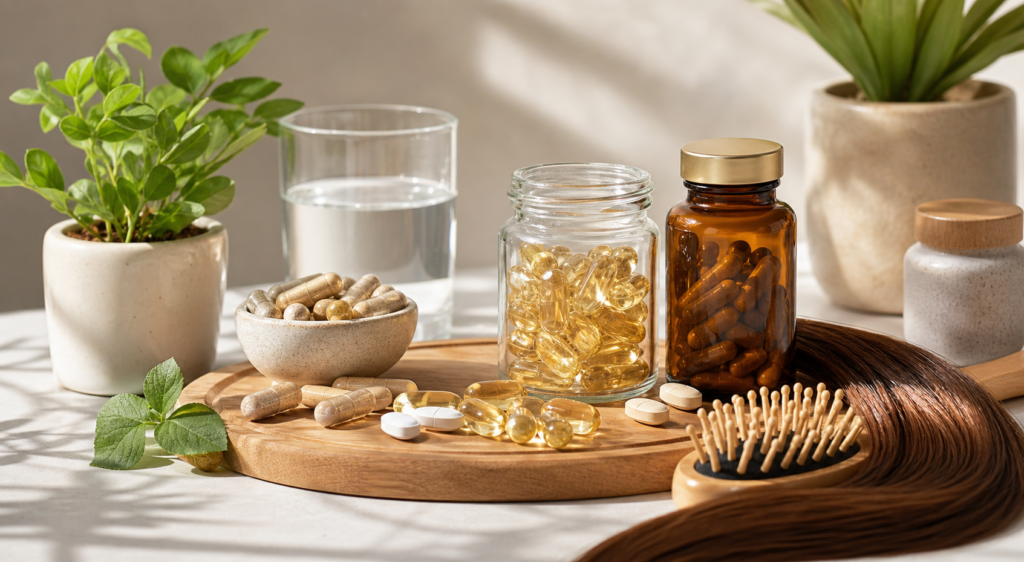 Assorted vitamins and capsules on a wooden tray with a glass of water, alongside plant pots and a hairbrush, in a bright setting.