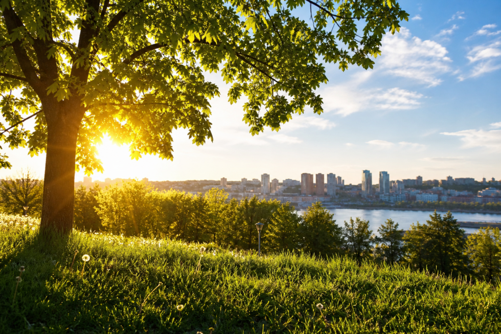 Sunlit park with a large tree in the foreground overlooking a river and city skyline at sunset.