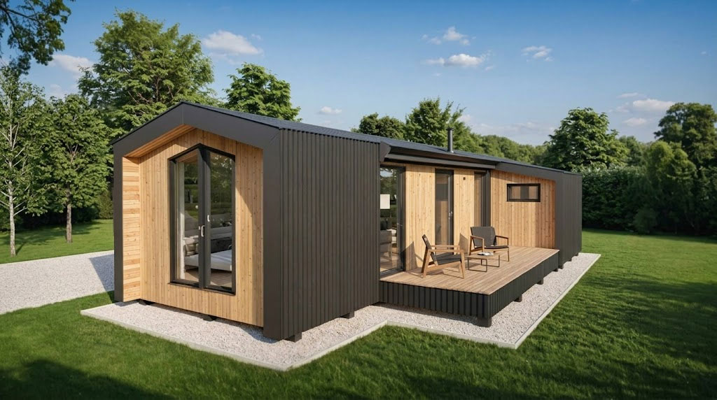 Modern wooden tiny house on a raised deck with glass doors and black metal siding, surrounded by trees.