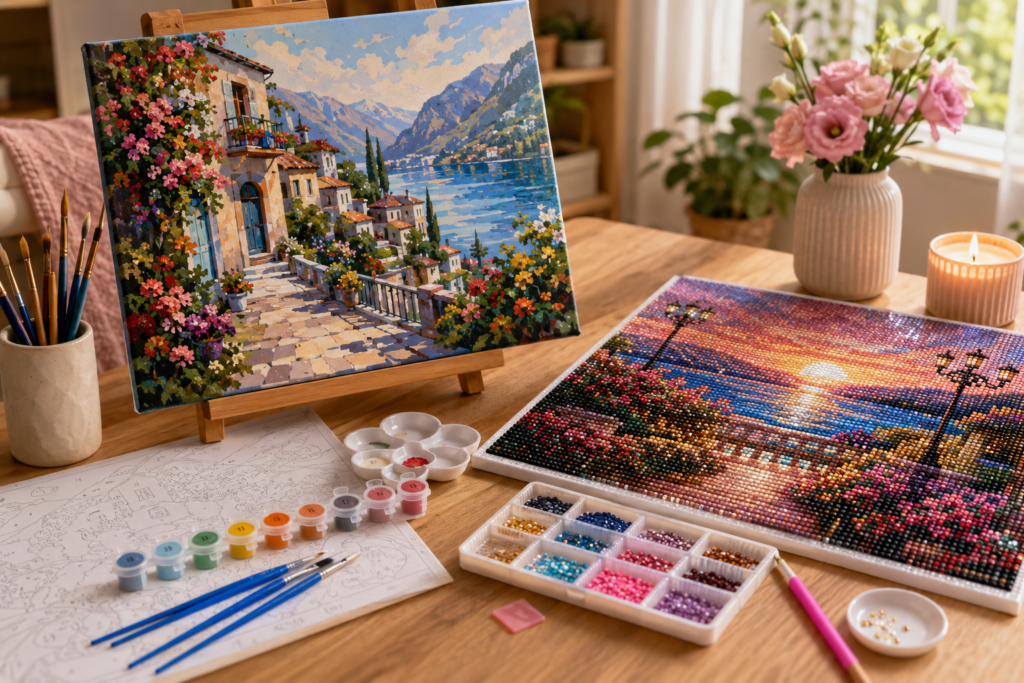Art studio workspace with a vibrant coastal village painting on an easel and a diamond-paint sunset canvas, plus beads, brushes, and palettes on a wooden table.