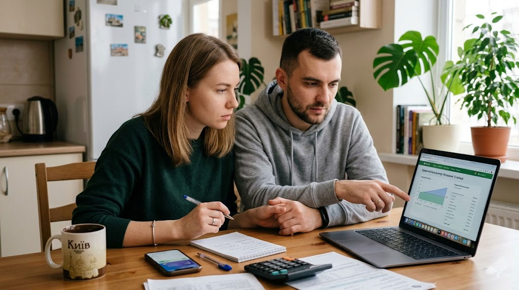 Two people study a laptop screen showing a financial chart while taking notes at a wooden table in a bright kitchen area. Кредит на рік: коли брати і як не переплатити