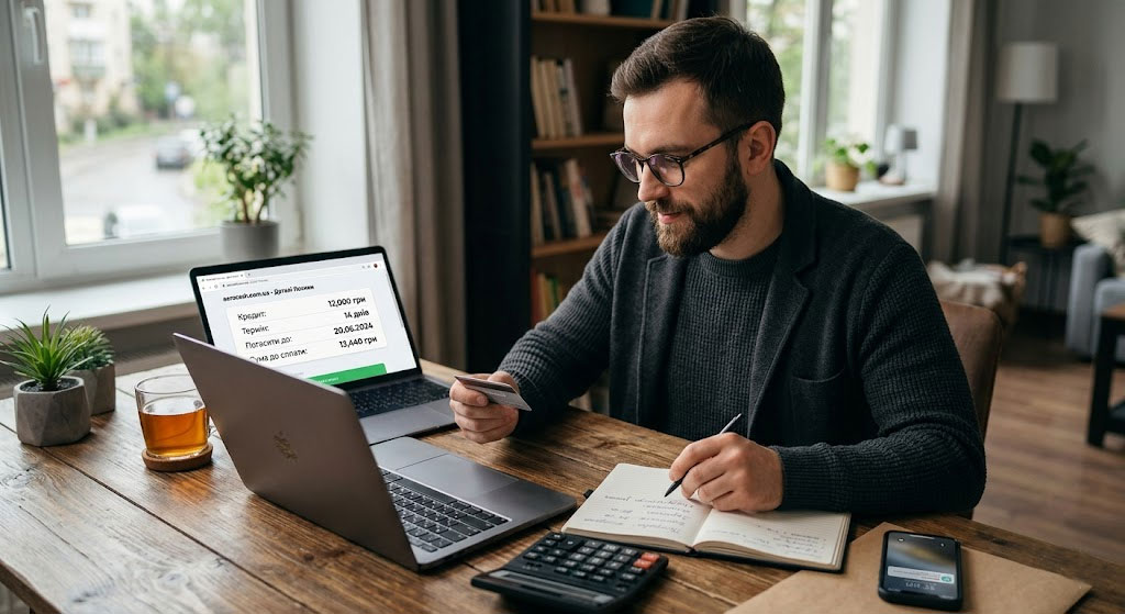 Man at a home desk paying bills online, holding a card while writing in a notebook beside a laptop and calculator. Онлайн-кредит без стресу: що знати перед заявкою
