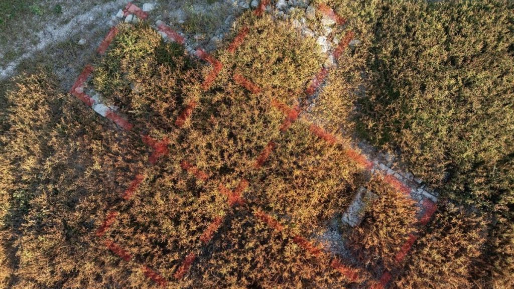 Кам'яний фундамент церкви на мілководді річки, без людей