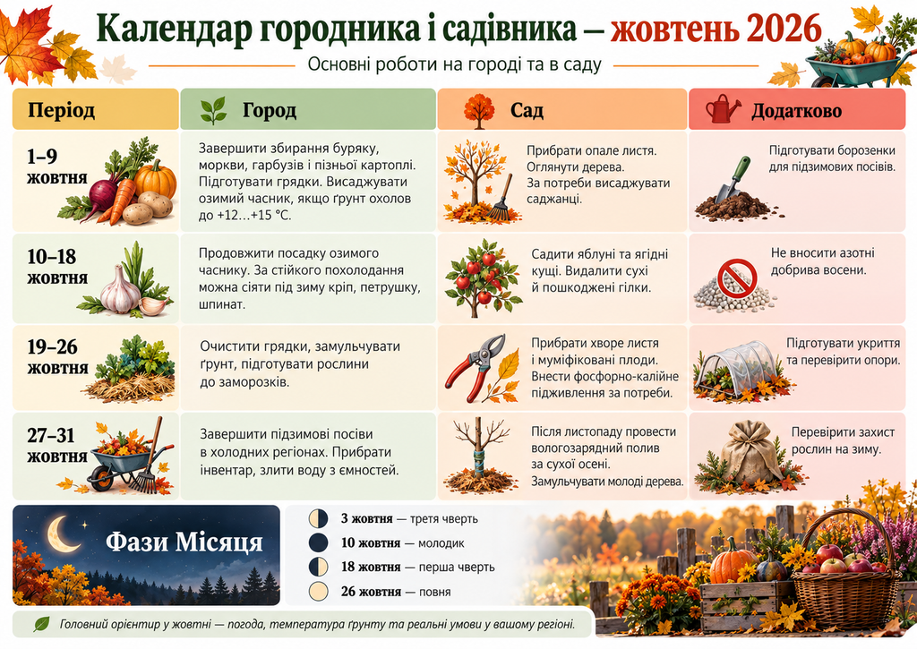 календар садівника Календар городника на жовтень 2026: головні роботи